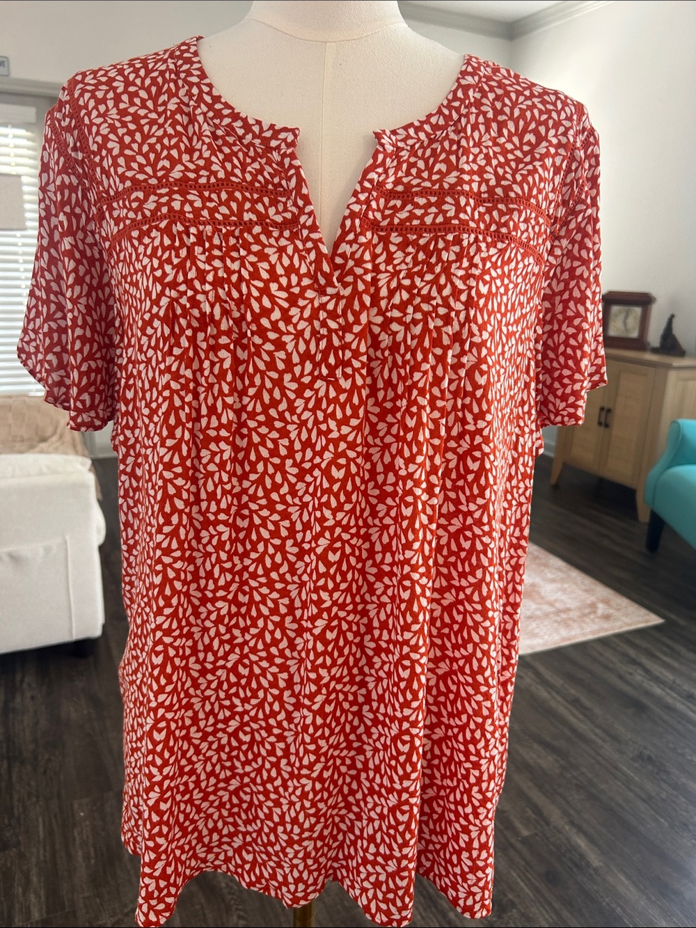Pale Sky Orange (reddish) Split-Neck Printed Women's Top